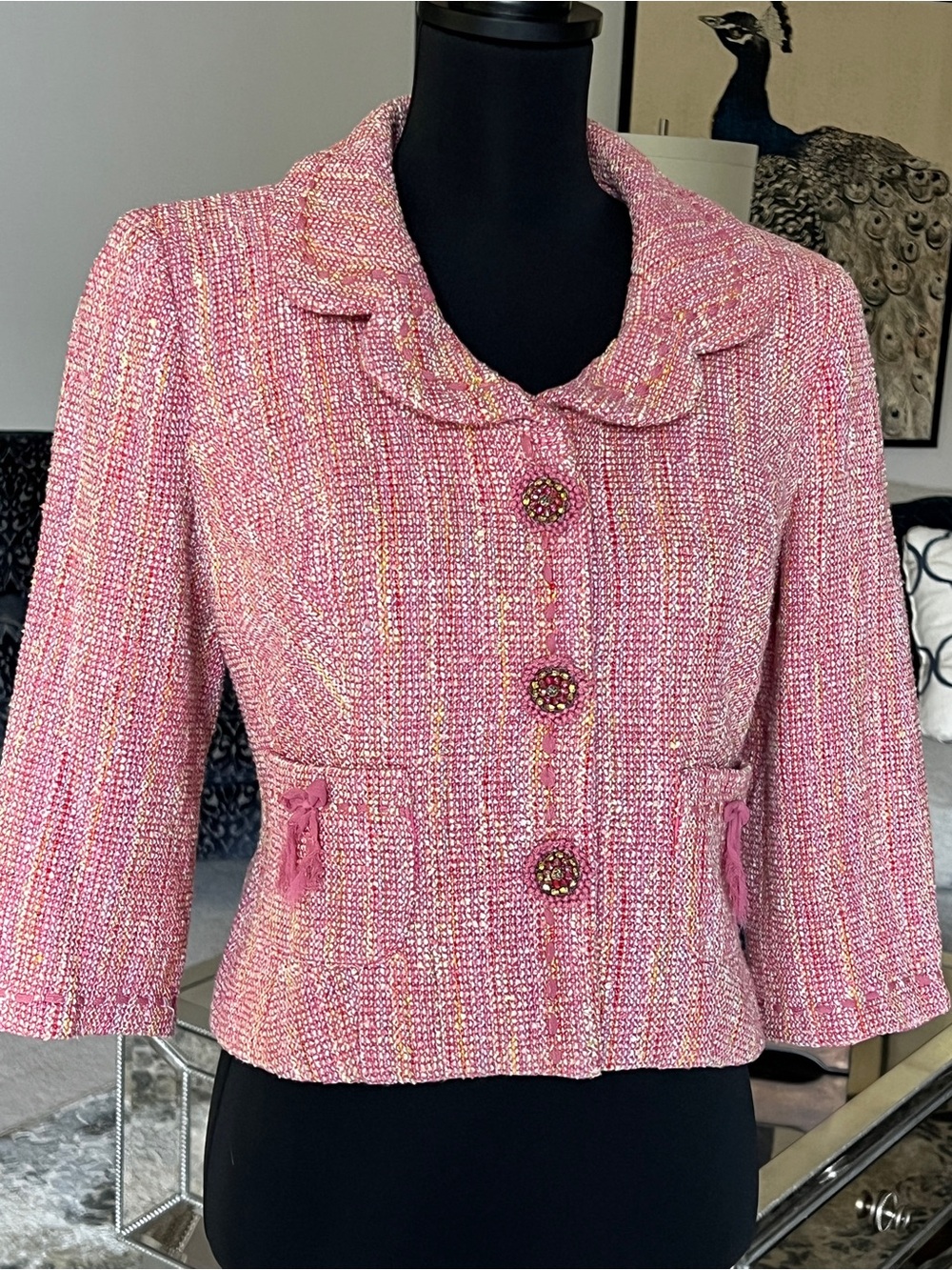 Cynthia Steffe Pink Tweed Jacket With Jeweled Buttons and Ribbon Accents